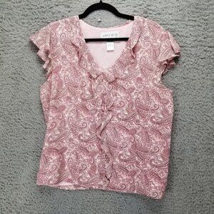 Jones Wear Top Womens 12 Pink Paisley Silk Lined Short Sleeve V Neck Blouse